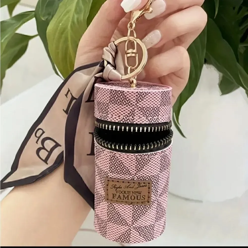 New Luxurious Lipstick Organizer/Coin Purse Keychain Pink Checkered Geo…
